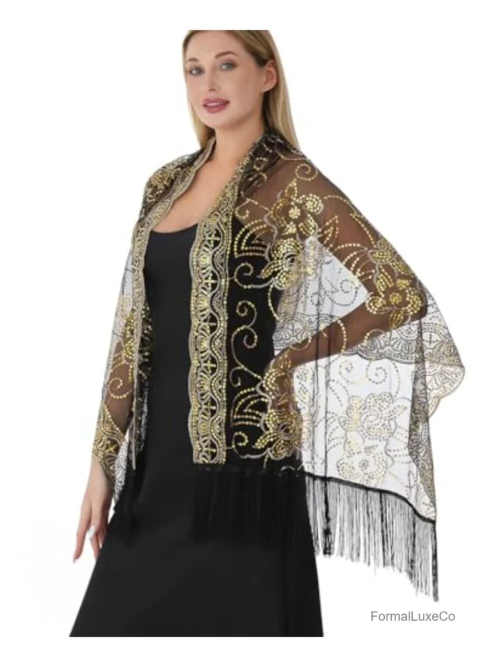 Evening Dress Shawl Wrap Sheer Chiffon with Sequin Fringe Formal Party